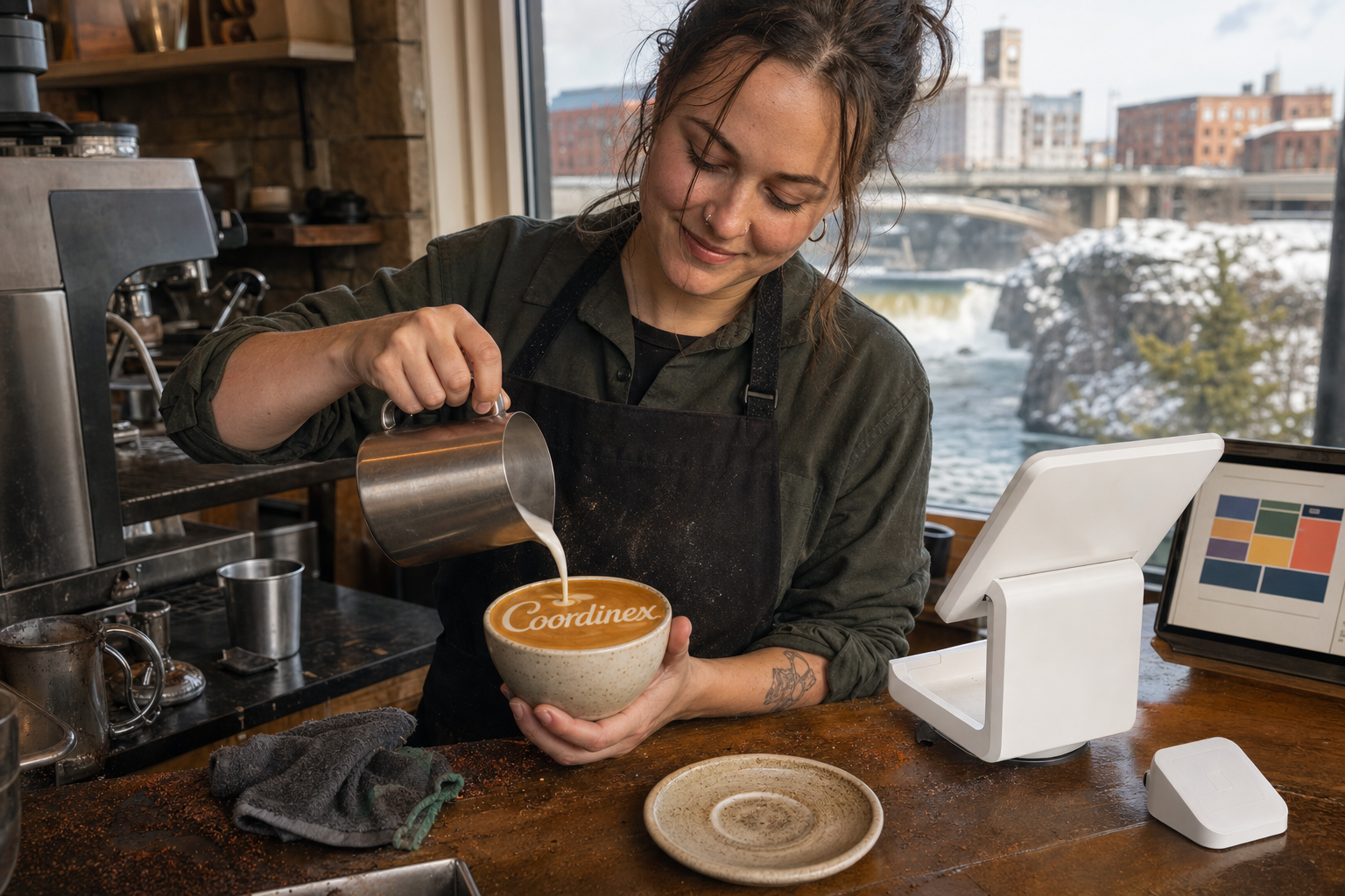 Young adult woman barista pouring milk into latte art spelling Coordinex, with a point-of-sale tablet nearby inside a coffee shop in Spokane, WA.