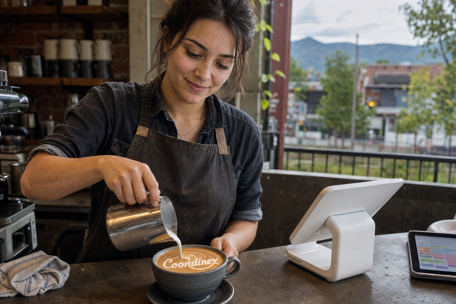 Young adult woman barista pouring milk into latte art spelling Coordinex, with a point-of-sale tablet nearby inside a coffee shop in Spokane Valley, WA.