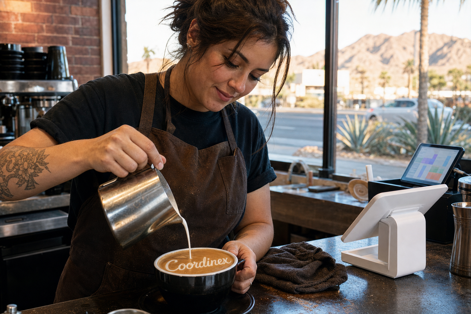 Young adult woman barista pouring milk into latte art spelling Coordinex, with a point-of-sale tablet nearby inside a coffee shop in Spring Valley, NV.