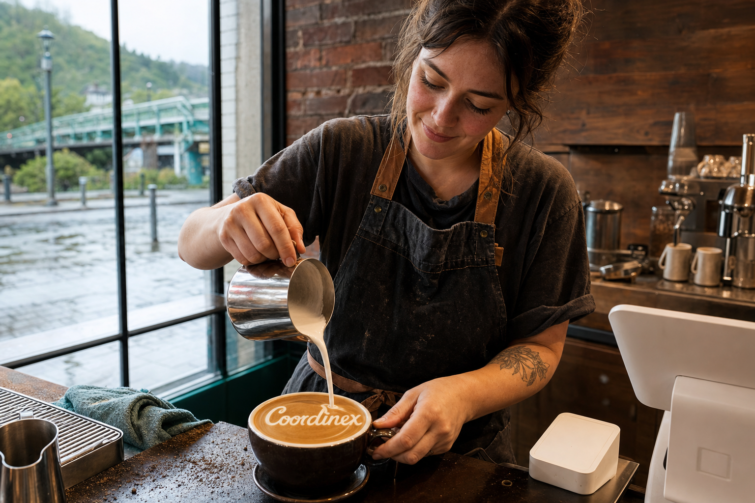 Young adult woman barista pouring milk into latte art spelling Coordinex, with a point-of-sale tablet nearby inside a coffee shop in Springfield, OR.