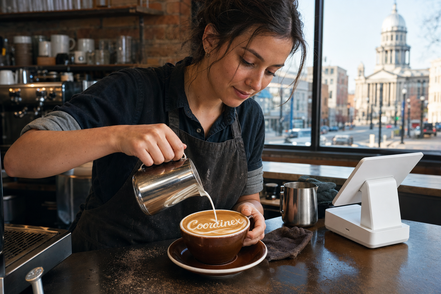 Young adult woman barista pouring milk into latte art spelling Coordinex, with a point-of-sale tablet nearby inside a coffee shop in Springfield, IL.
