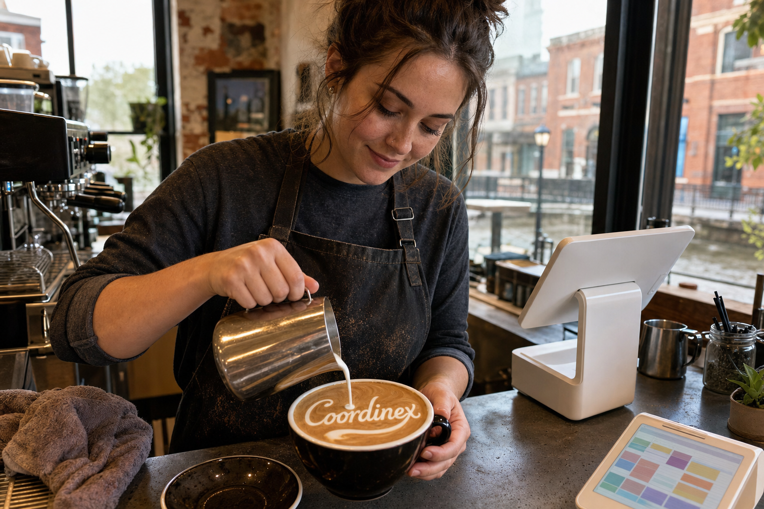 Young adult woman barista pouring milk into latte art spelling Coordinex, with a point-of-sale tablet nearby inside a coffee shop in Springfield, OH.