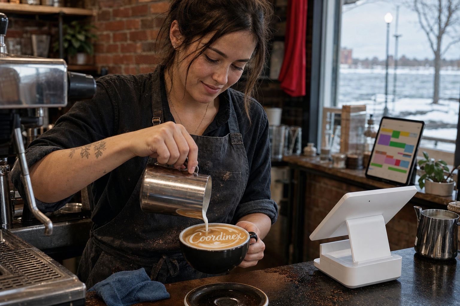 Young adult woman barista pouring milk into latte art spelling Coordinex, with a point-of-sale tablet nearby inside a coffee shop in St. Cloud, MN.