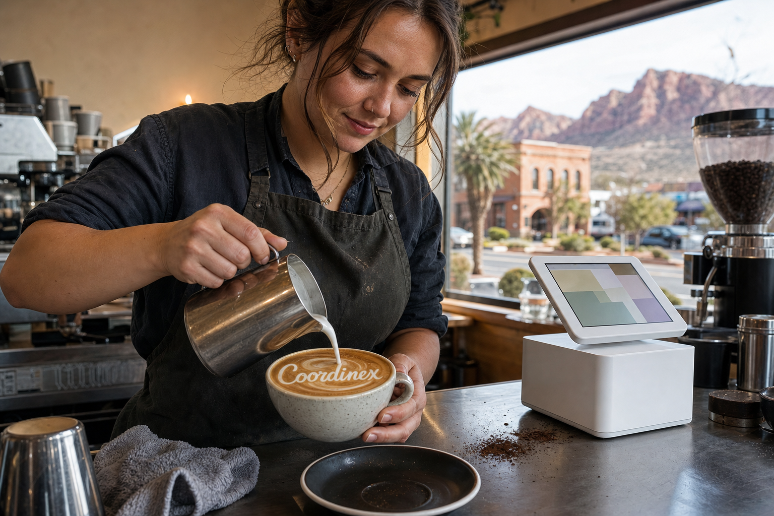 Young adult woman barista pouring milk into latte art spelling Coordinex, with a point-of-sale tablet nearby inside a coffee shop in St. George, UT.
