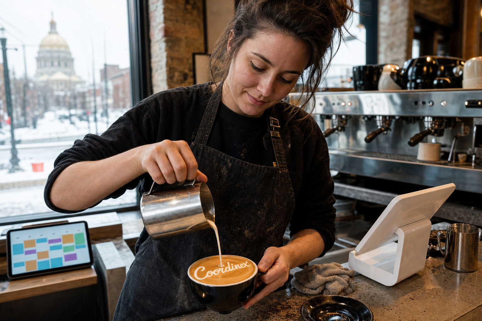 Young adult woman barista pouring milk into latte art spelling Coordinex, with a point-of-sale tablet nearby inside a coffee shop in St. Paul, MN.