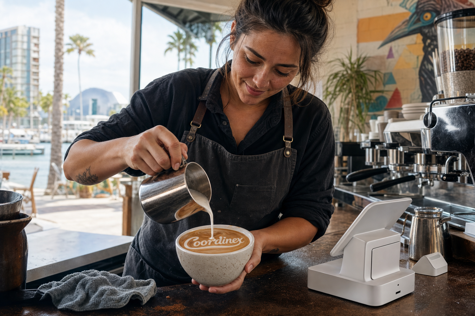 Young adult woman barista pouring milk into latte art spelling Coordinex, with a point-of-sale tablet nearby inside a coffee shop in St. Petersburg, FL.