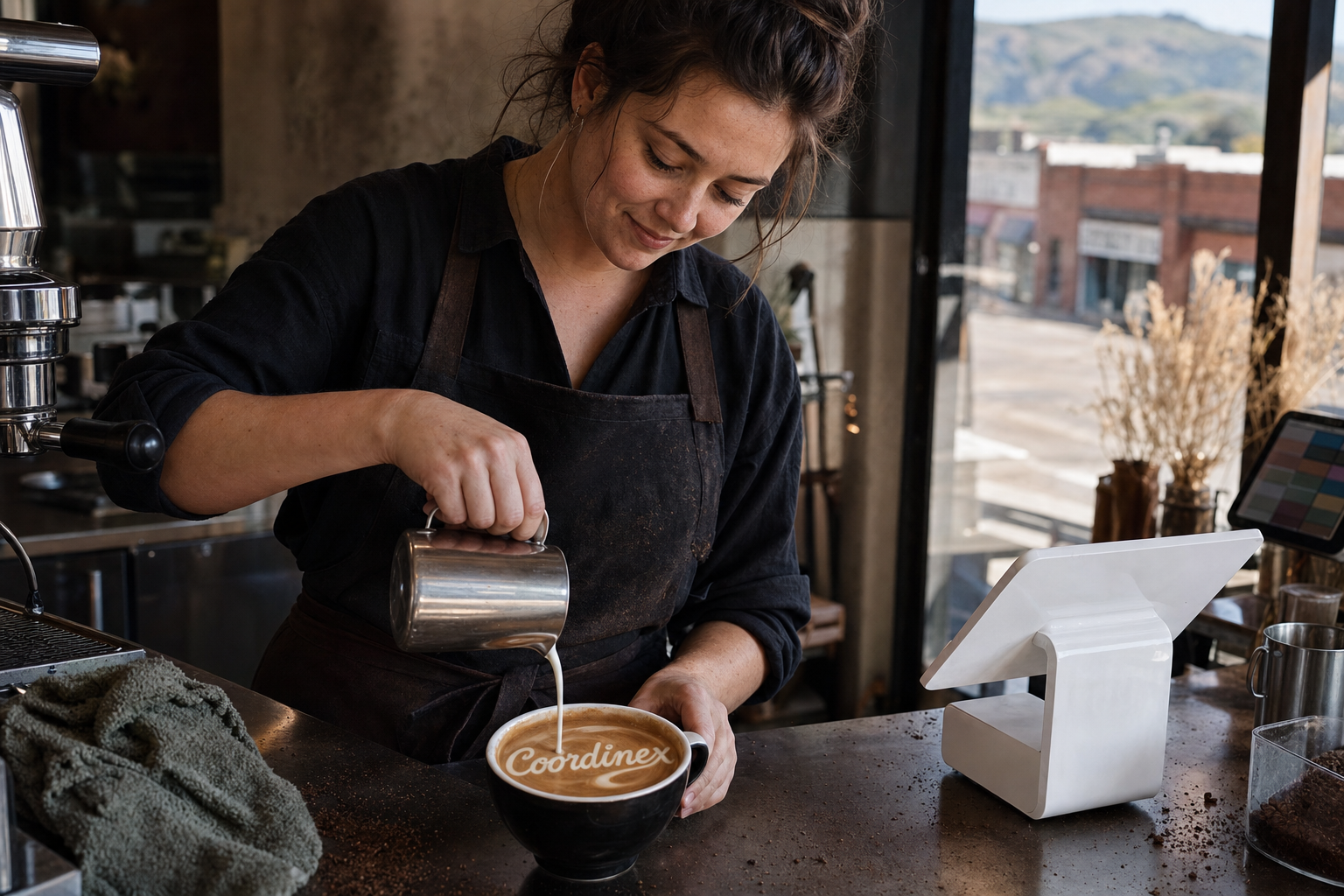 Young adult woman barista pouring milk into latte art spelling Coordinex, with a point-of-sale tablet nearby inside a coffee shop in Star, ID.