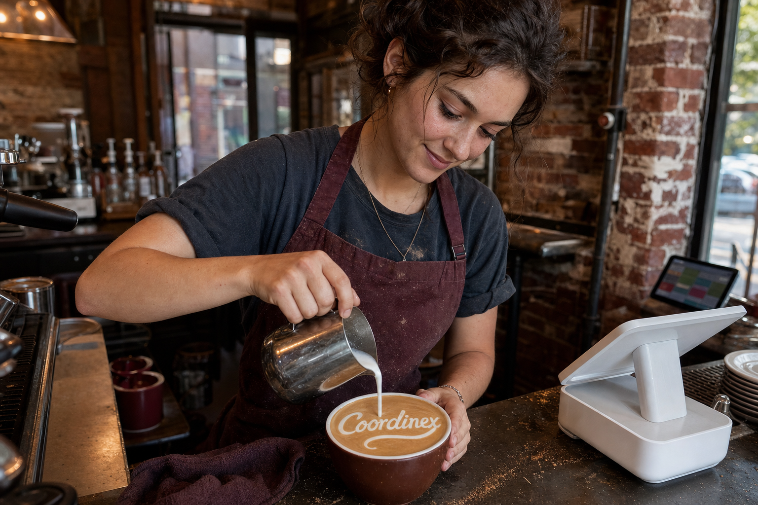 Young adult woman barista pouring milk into latte art spelling Coordinex, with a point-of-sale tablet nearby inside a coffee shop in Starkville, MS.