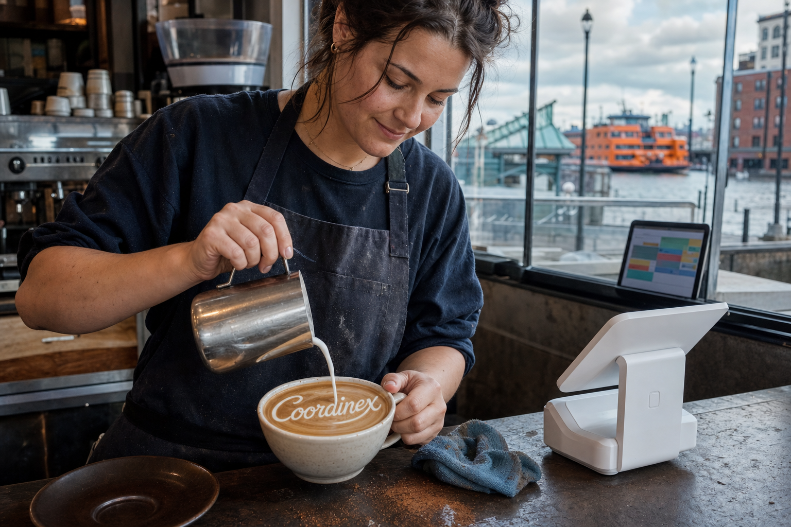 Young adult woman barista pouring milk into latte art spelling Coordinex, with a point-of-sale tablet nearby inside a coffee shop in Staten Island, NY.
