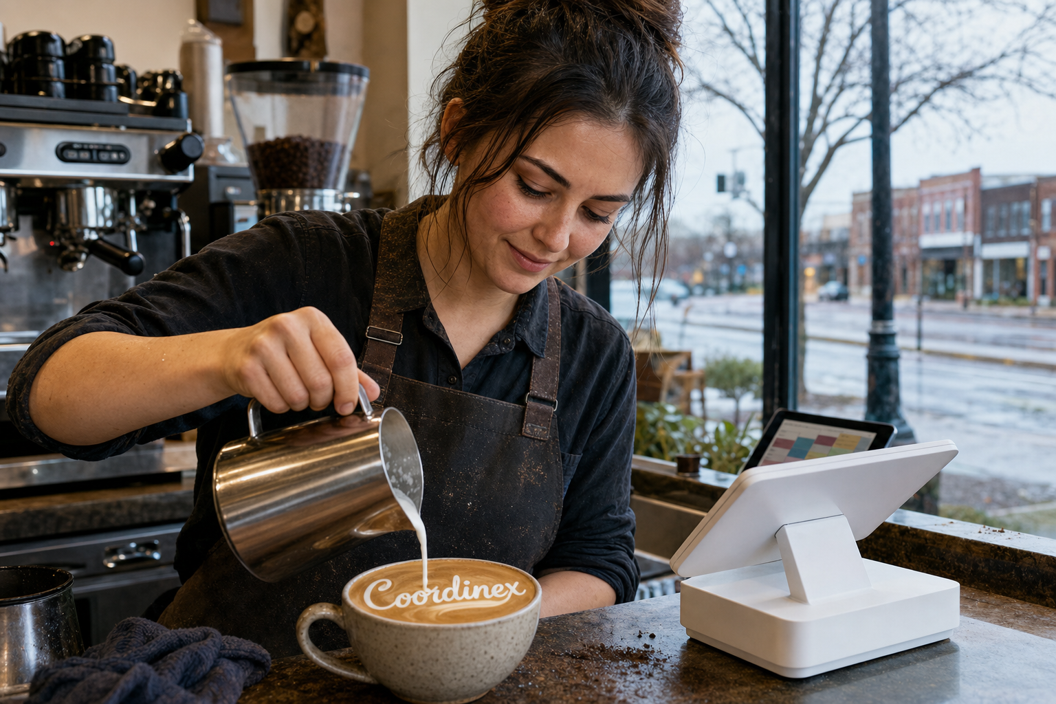 Young adult woman barista pouring milk into latte art spelling Coordinex, with a point-of-sale tablet nearby inside a coffee shop in Sterling Heights, MI.