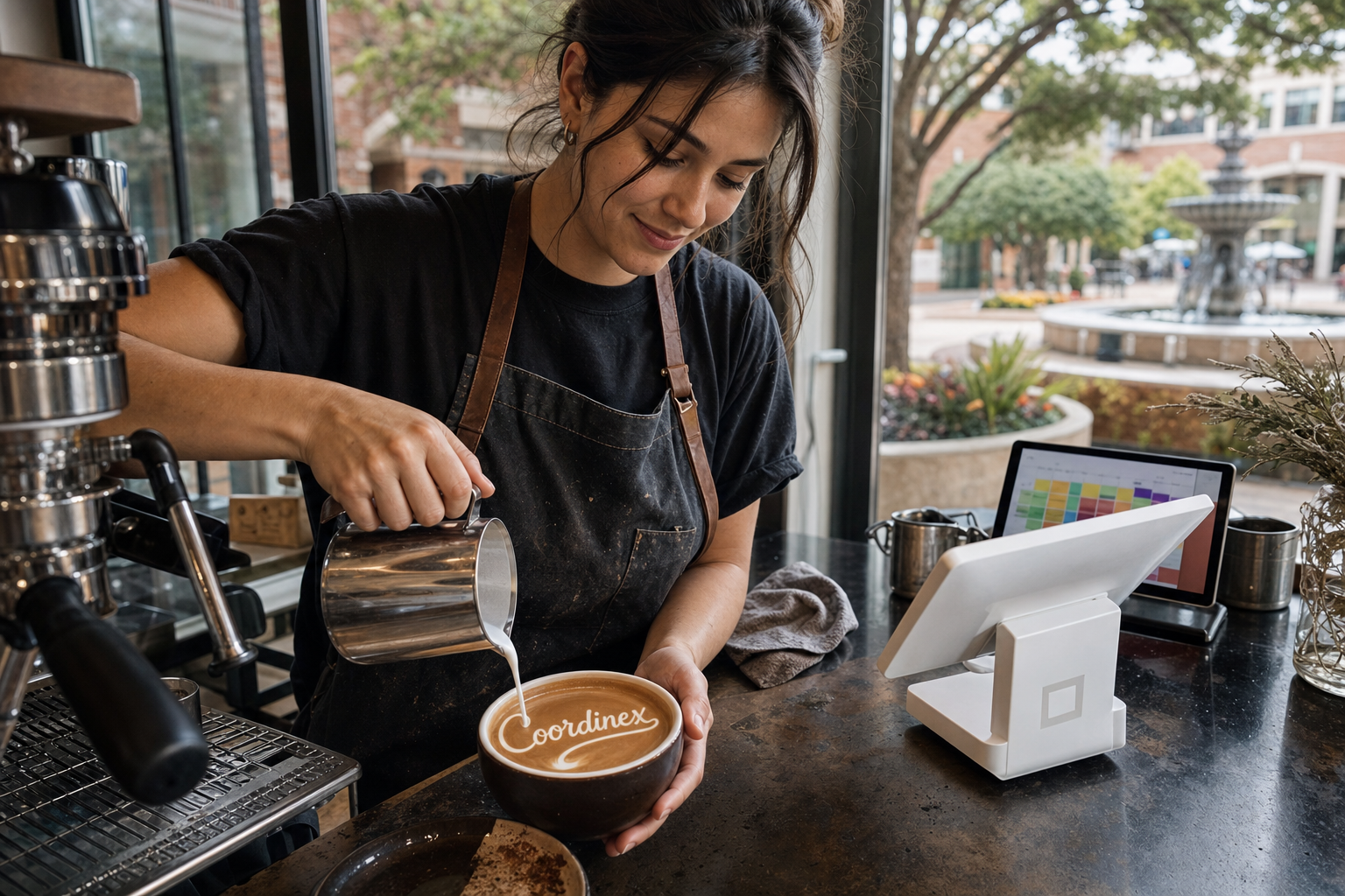 Young adult woman barista pouring milk into latte art spelling Coordinex, with a point-of-sale tablet nearby inside a coffee shop in Sugar Land, TX.