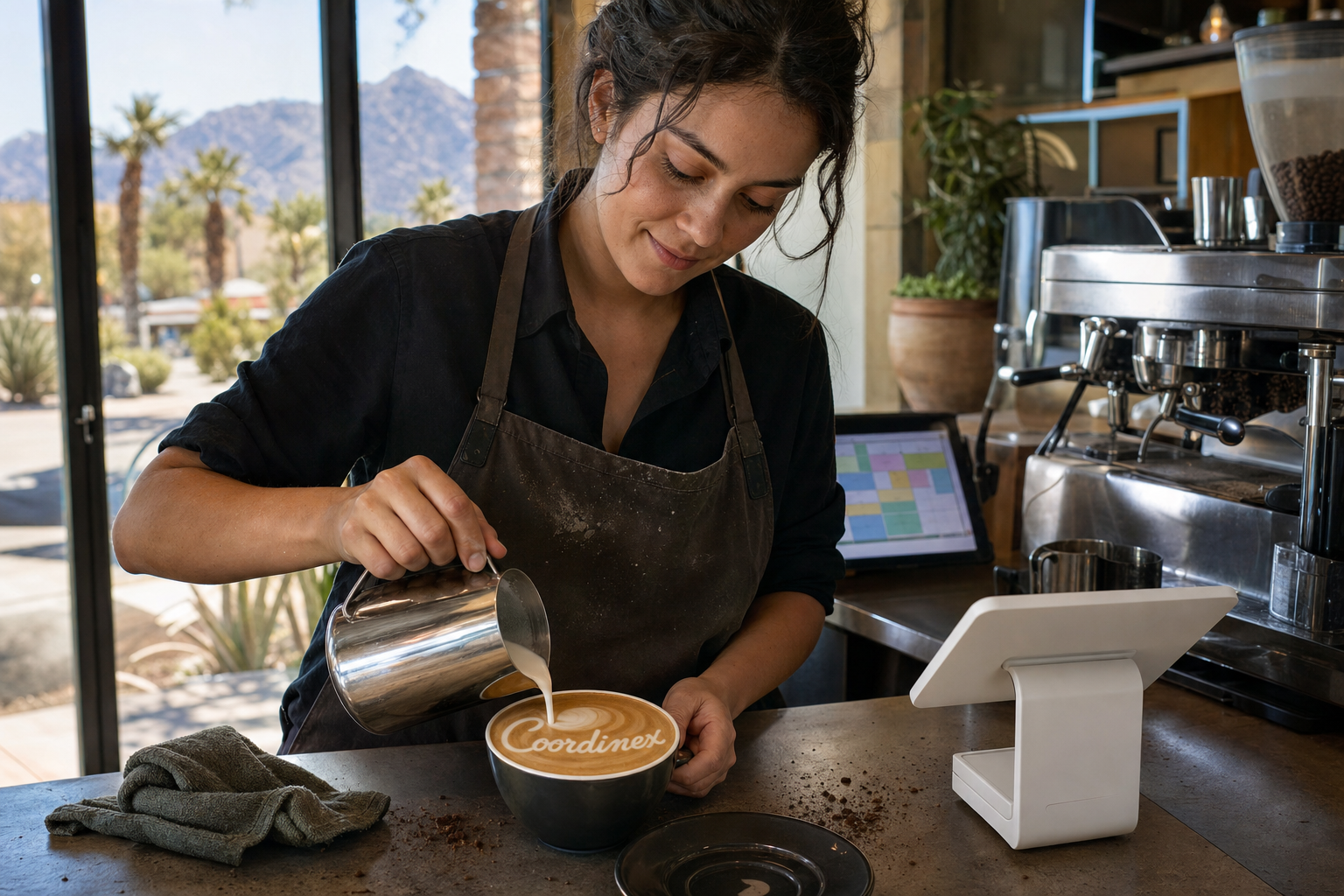 Young adult woman barista pouring milk into latte art spelling Coordinex, with a point-of-sale tablet nearby inside a coffee shop in Surprise, AZ.