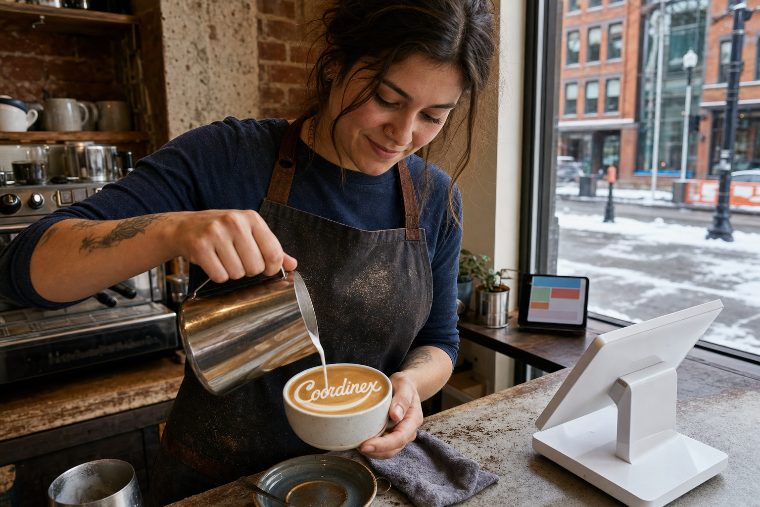 Young adult woman barista pouring milk into latte art spelling Coordinex, with a point-of-sale tablet nearby inside a coffee shop in Syracuse, NY.