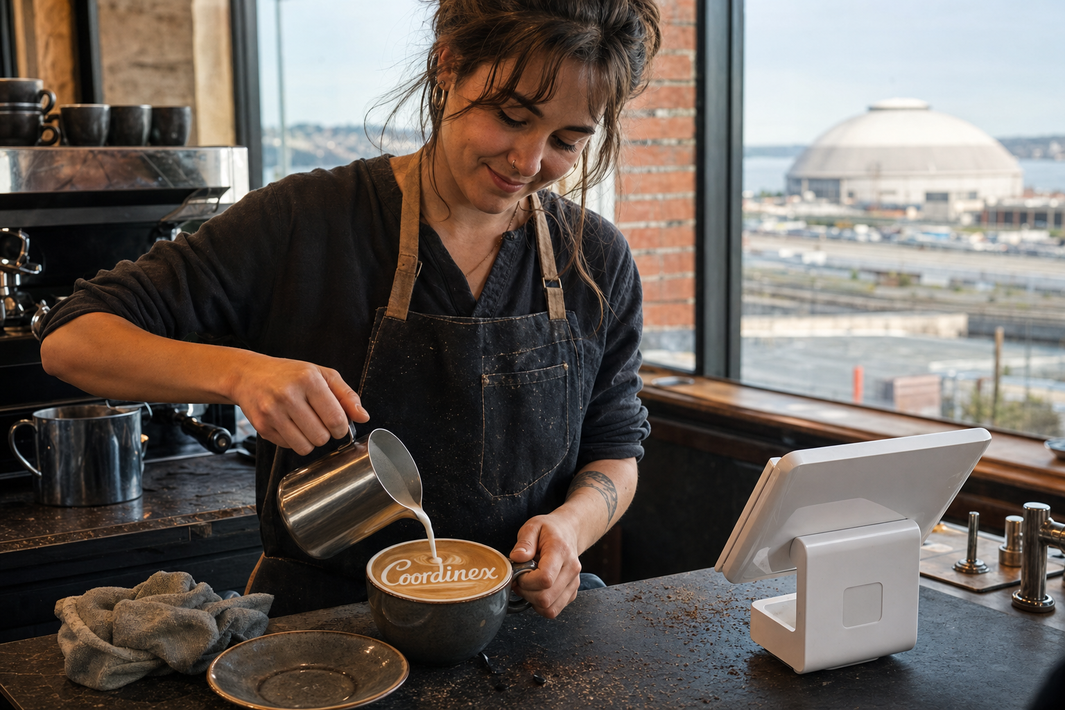 Young adult woman barista pouring milk into latte art spelling Coordinex, with a point-of-sale tablet nearby inside a coffee shop in Tacoma, WA.