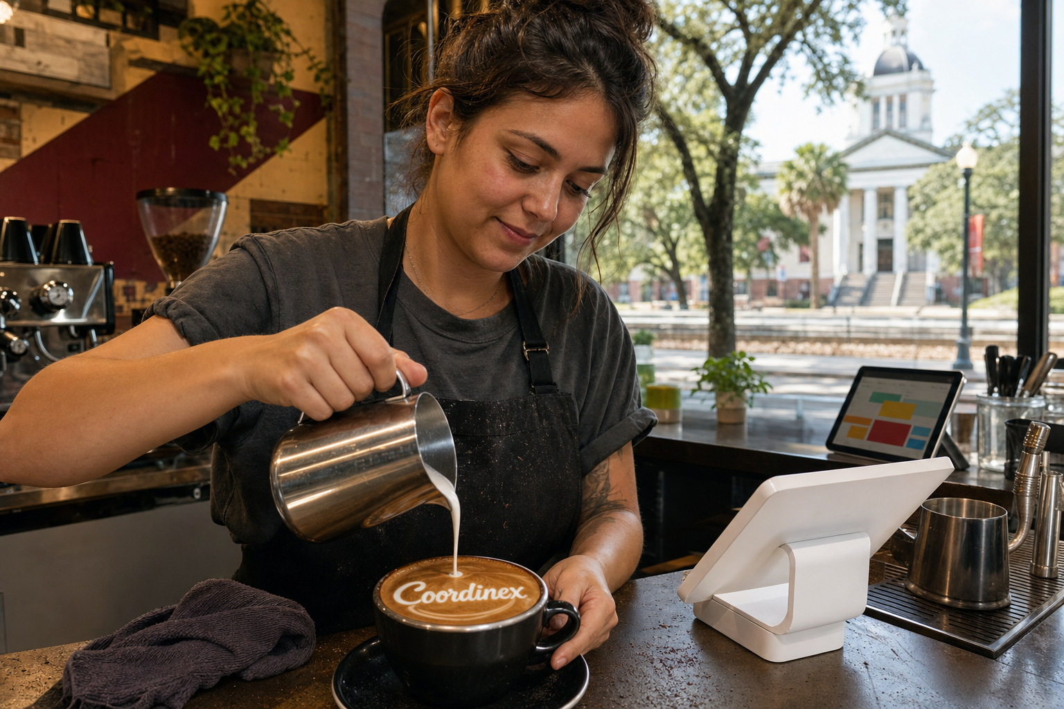 Young adult woman barista pouring milk into latte art spelling Coordinex, with a point-of-sale tablet nearby inside a coffee shop in Tallahassee, FL.
