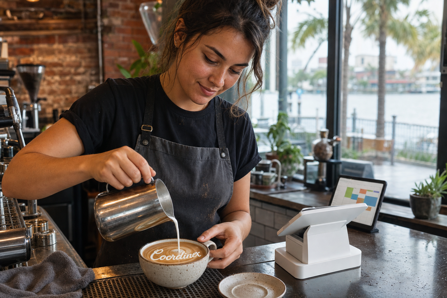 Young adult woman barista pouring milk into latte art spelling Coordinex, with a point-of-sale tablet nearby inside a coffee shop in Tampa, FL.