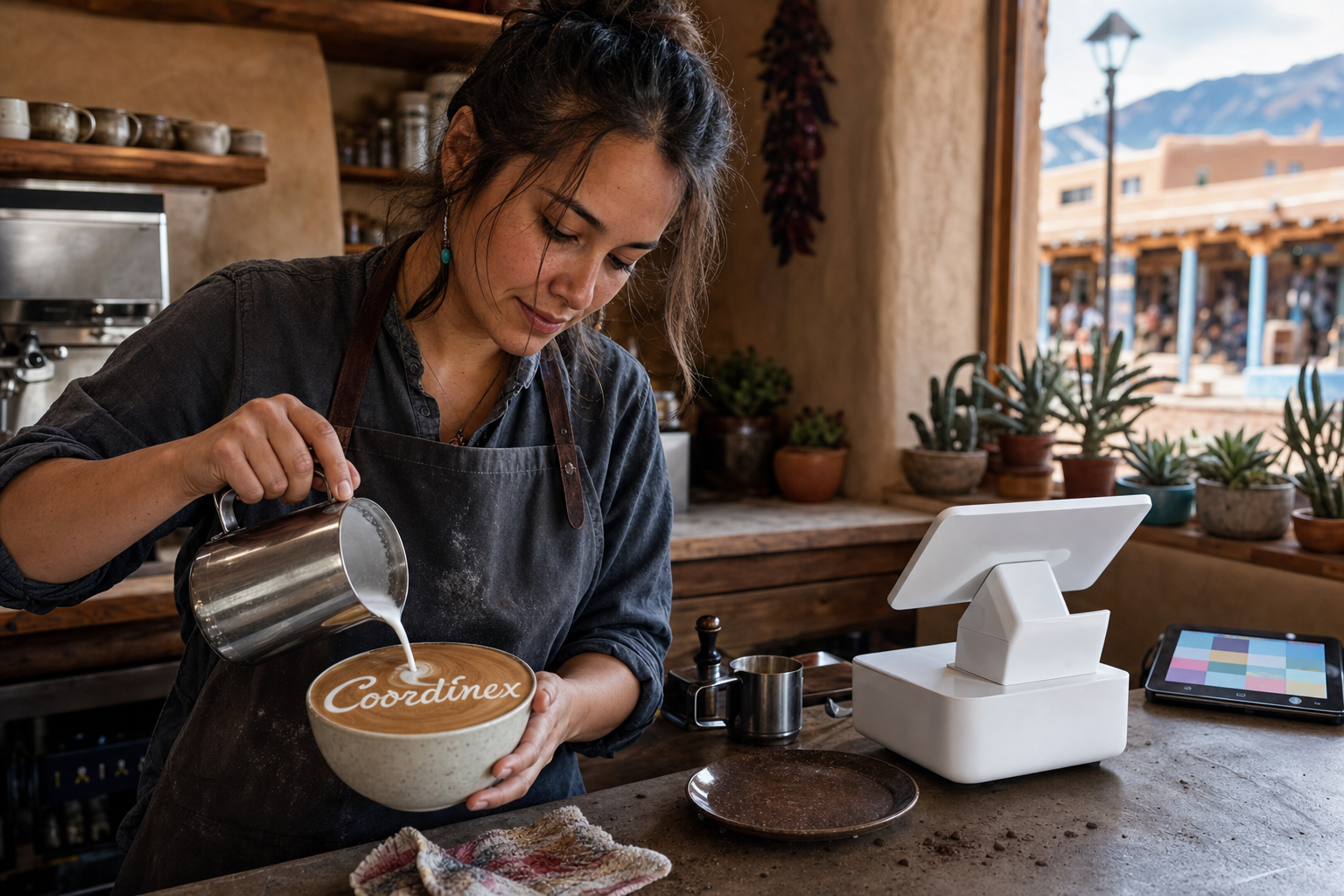 Young adult woman barista pouring milk into latte art spelling Coordinex, with a point-of-sale tablet nearby inside a coffee shop in Taos, NM.