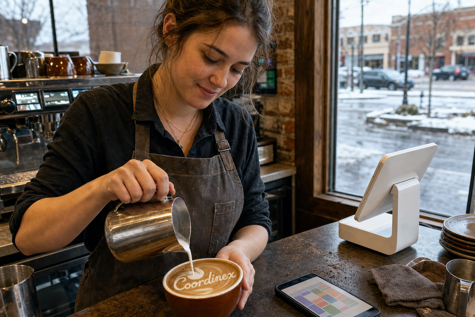 Young adult woman barista pouring milk into latte art spelling Coordinex, with a point-of-sale tablet nearby inside a coffee shop in Taylor, MI.