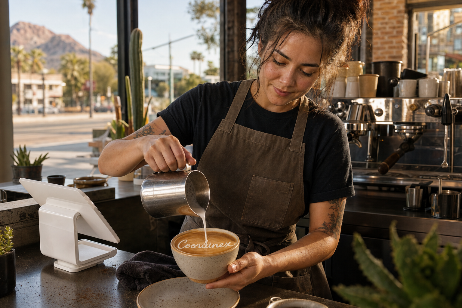 Young adult woman barista pouring milk into latte art spelling Coordinex, with a point-of-sale tablet nearby inside a coffee shop in Tempe, AZ.
