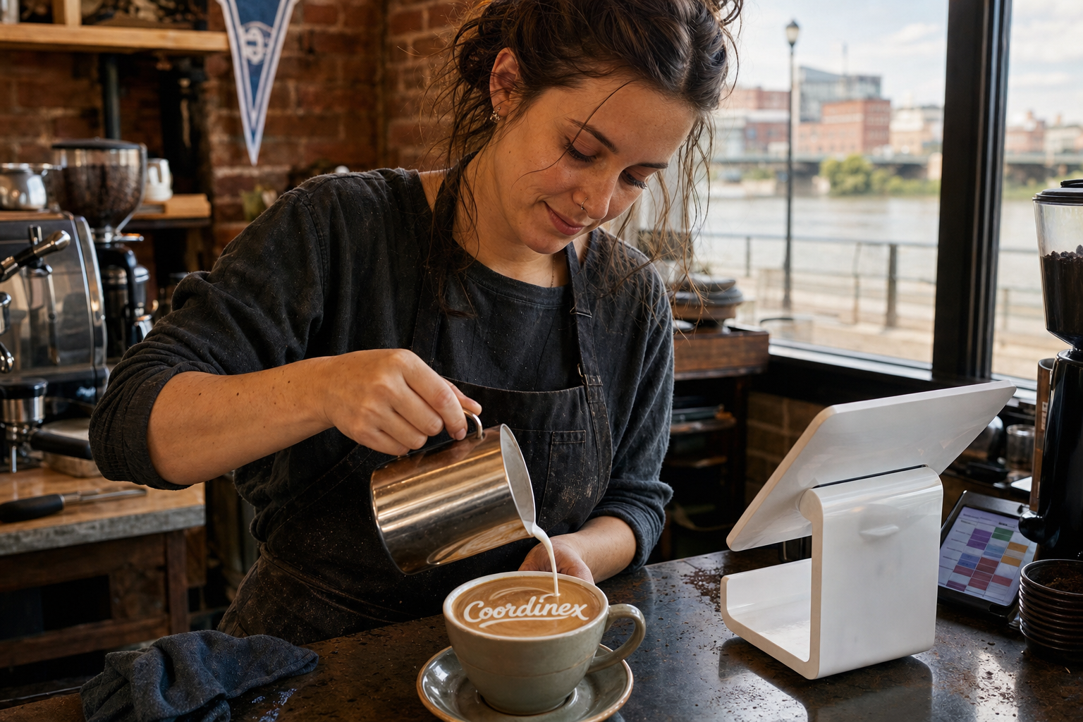 Young adult woman barista pouring milk into latte art spelling Coordinex, with a point-of-sale tablet nearby inside a coffee shop in Terre Haute, IN.