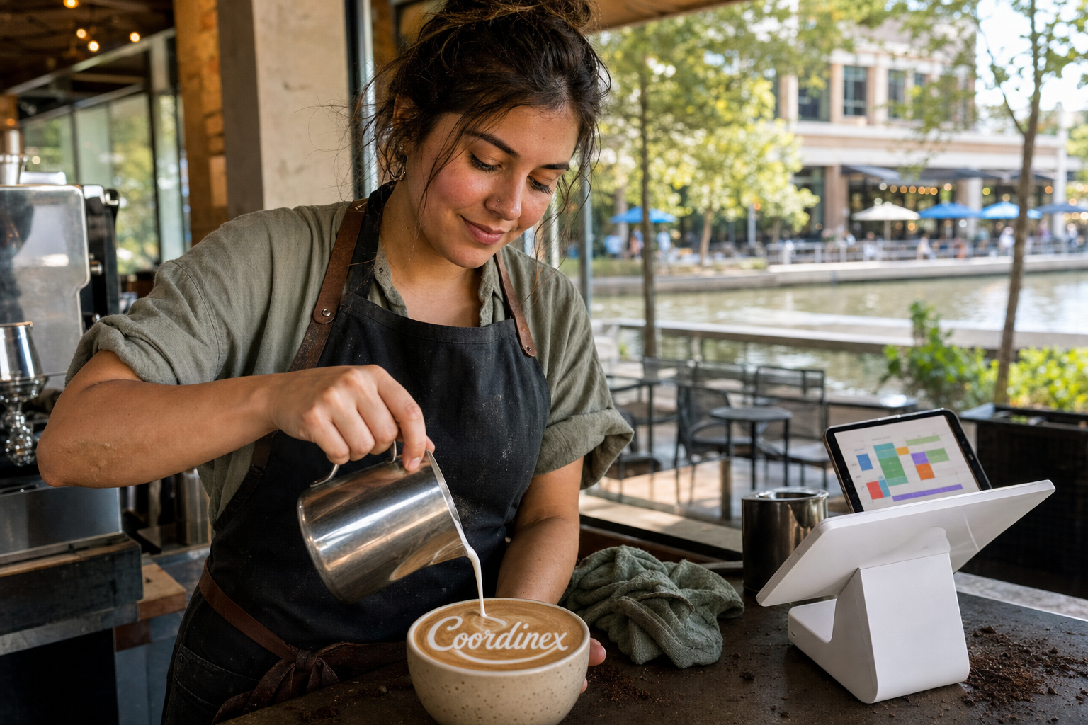 Young adult woman barista pouring milk into latte art spelling Coordinex, with a point-of-sale tablet nearby inside a coffee shop in The Woodlands, TX.