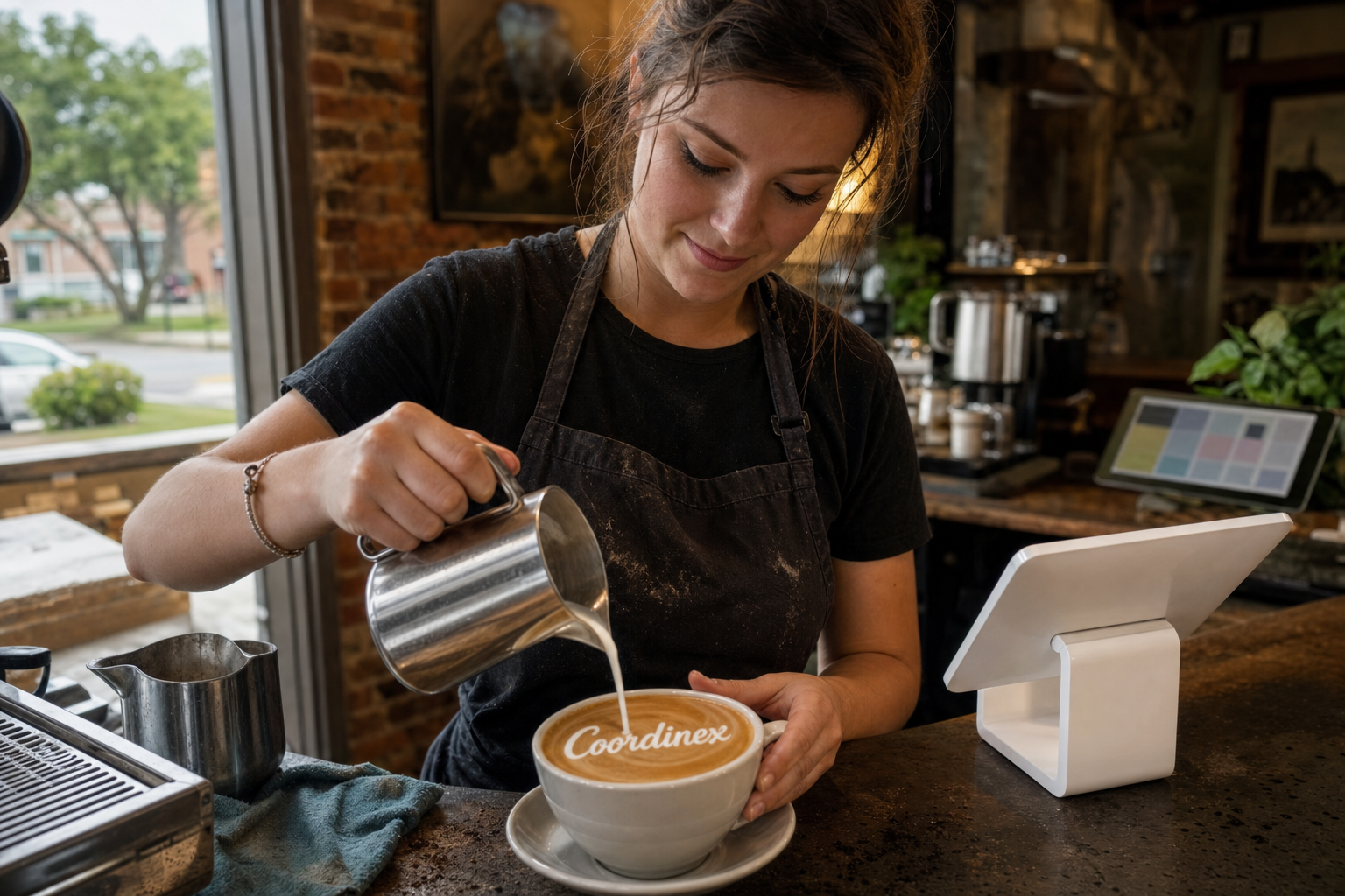 Young adult woman barista pouring milk into latte art spelling Coordinex, with a point-of-sale tablet nearby inside a coffee shop in Thibodaux, LA.