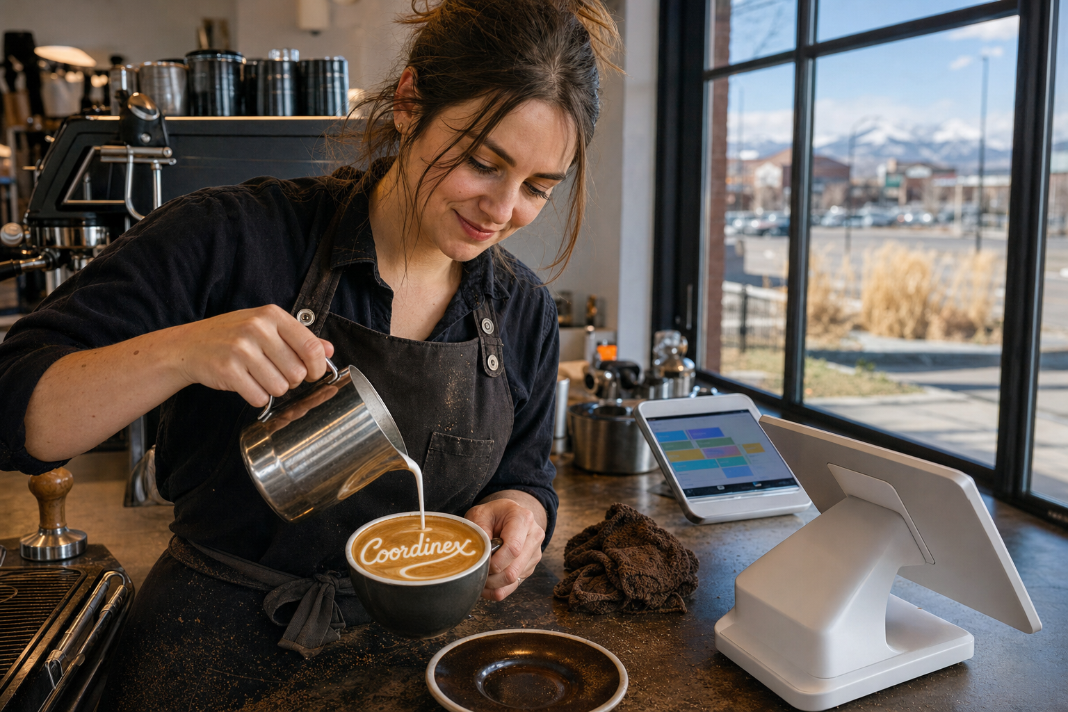 Young adult woman barista pouring milk into latte art spelling Coordinex, with a point-of-sale tablet nearby inside a coffee shop in Thornton, CO.