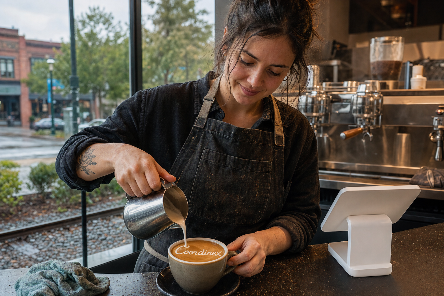Young adult woman barista pouring milk into latte art spelling Coordinex, with a point-of-sale tablet nearby inside a coffee shop in Tigard, OR.