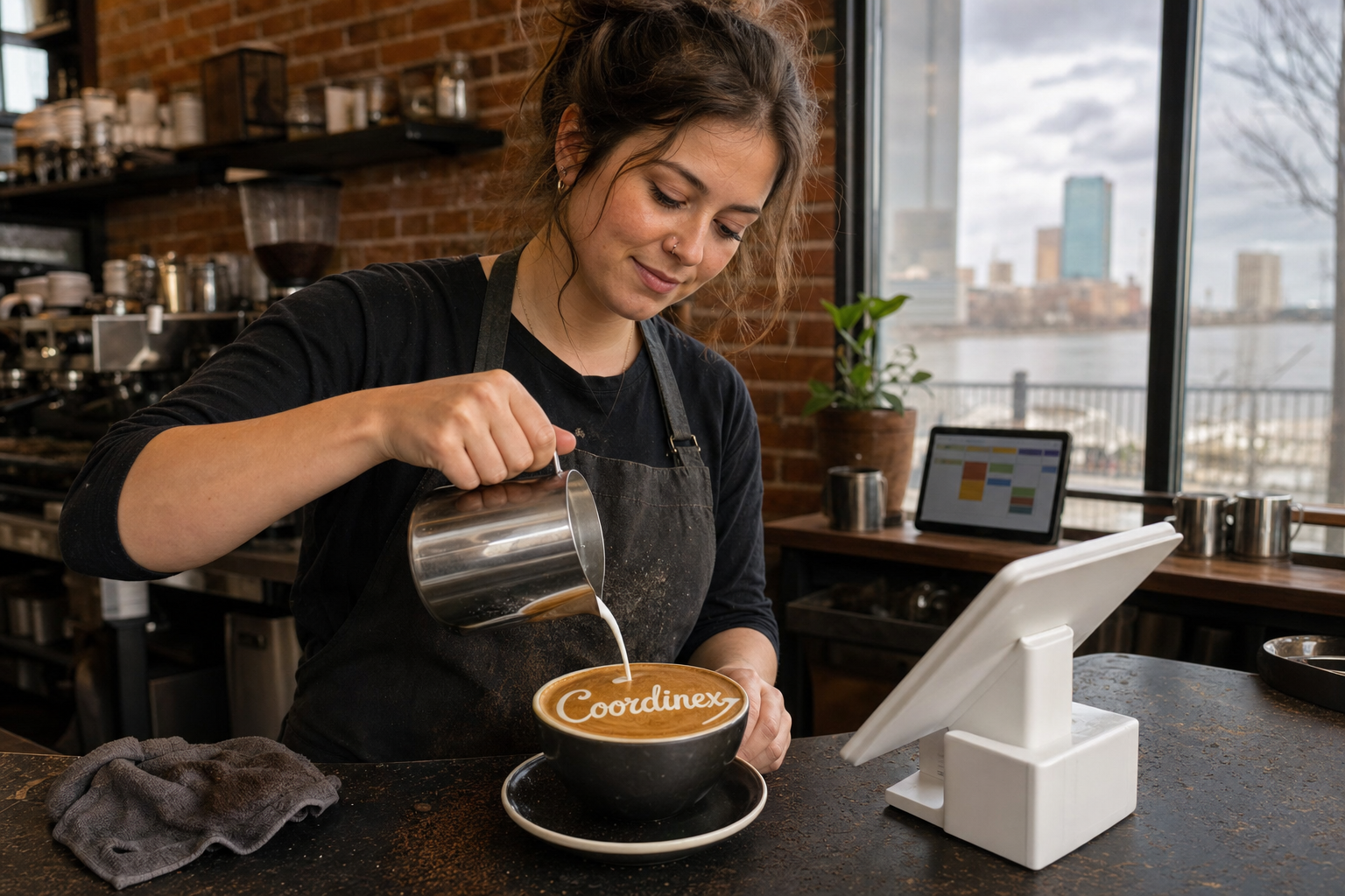 Young adult woman barista pouring milk into latte art spelling Coordinex, with a point-of-sale tablet nearby inside a coffee shop in Toledo, OH.