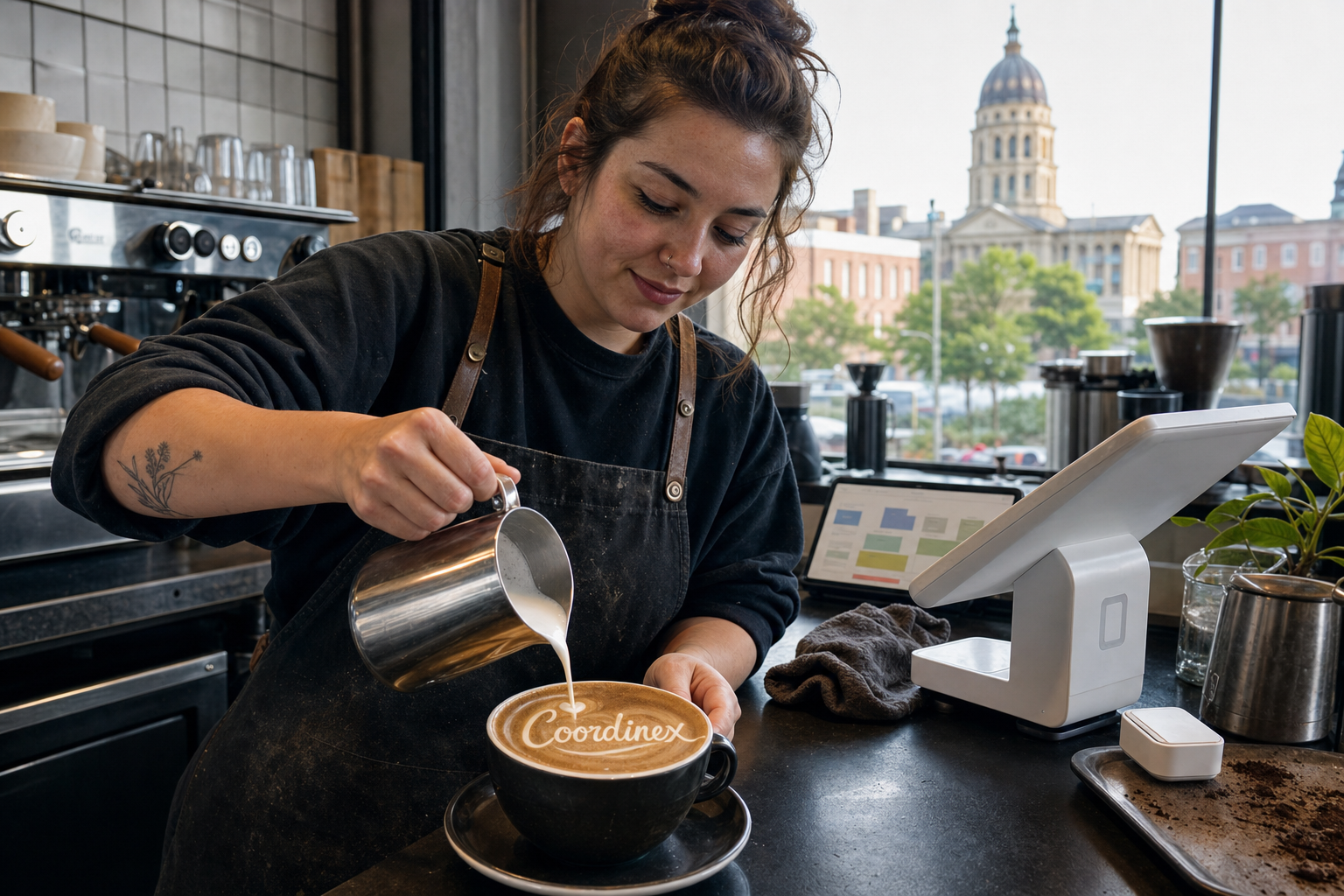 Young adult woman barista pouring milk into latte art spelling Coordinex, with a point-of-sale tablet nearby inside a coffee shop in Topeka, KS.