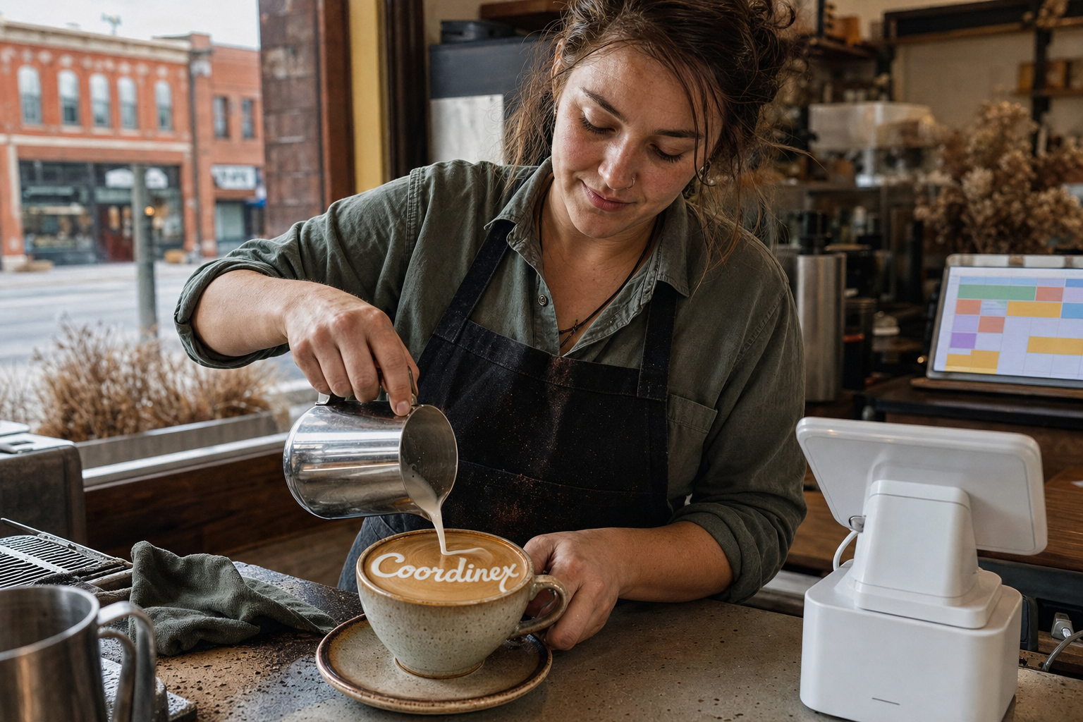 Young adult woman barista pouring milk into latte art spelling Coordinex, with a point-of-sale tablet nearby inside a coffee shop in Torrington, WY.