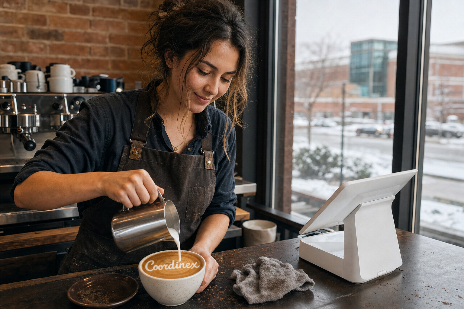 Young adult woman barista pouring milk into latte art spelling Coordinex, with a point-of-sale tablet nearby inside a coffee shop in Troy, MI.