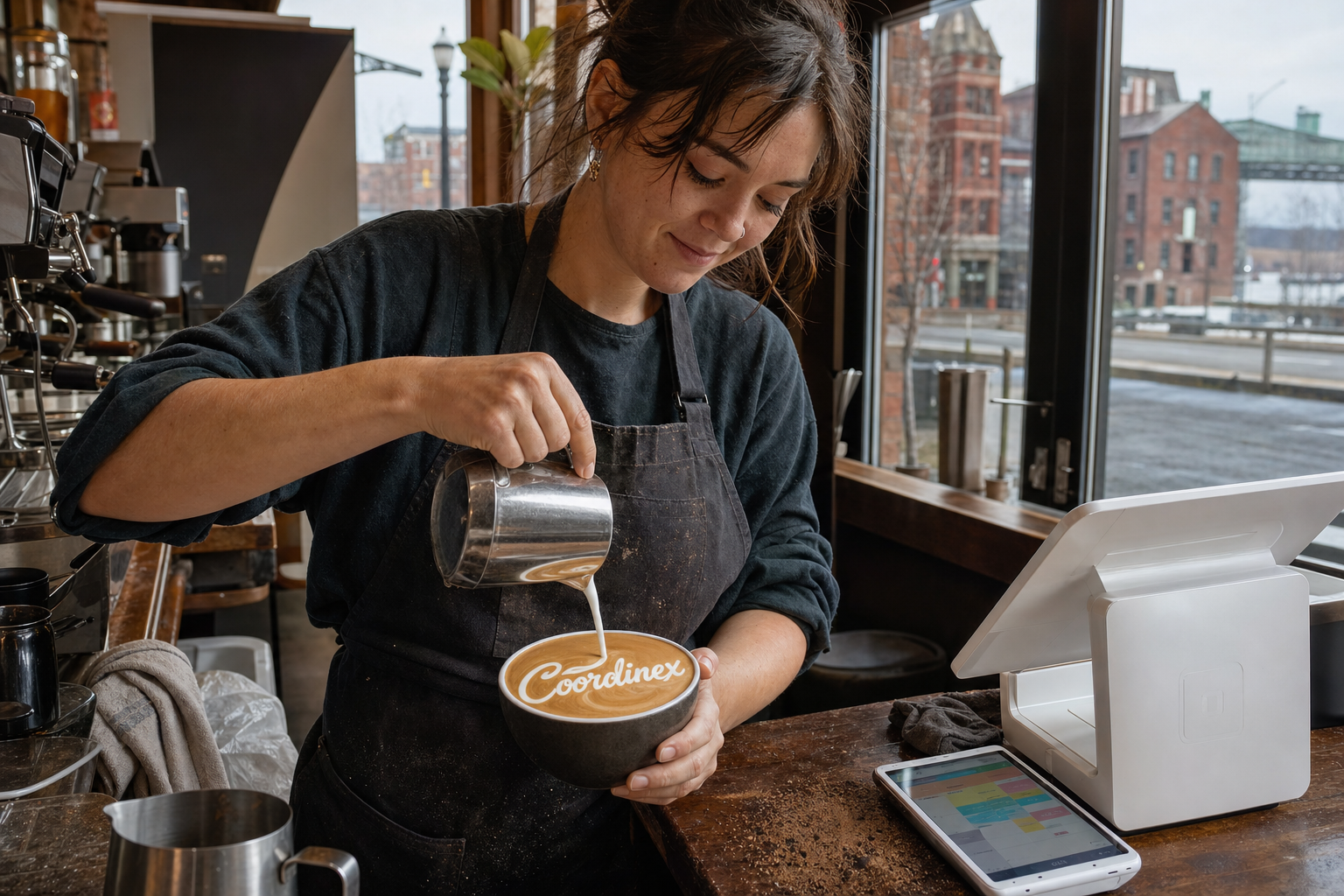 Young adult woman barista pouring milk into latte art spelling Coordinex, with a point-of-sale tablet nearby inside a coffee shop in Troy, NY.