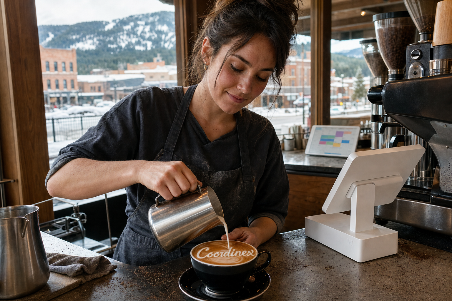 Young adult woman barista pouring milk into latte art spelling Coordinex, with a point-of-sale tablet nearby inside a coffee shop in Truckee, CA.