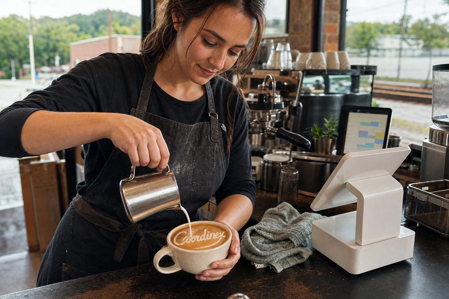 Young adult woman barista pouring milk into latte art spelling Coordinex, with a point-of-sale tablet nearby inside a coffee shop in Trussville, AL.