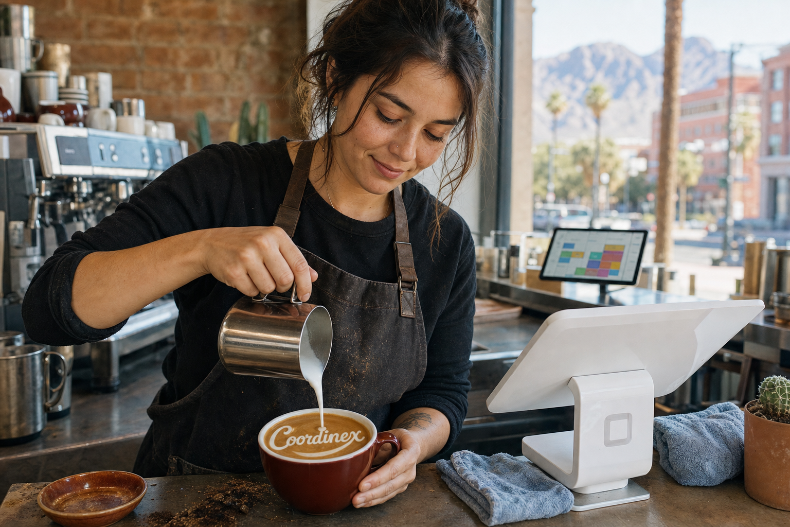 Young adult woman barista pouring milk into latte art spelling Coordinex, with a point-of-sale tablet nearby inside a coffee shop in Tucson, AZ.