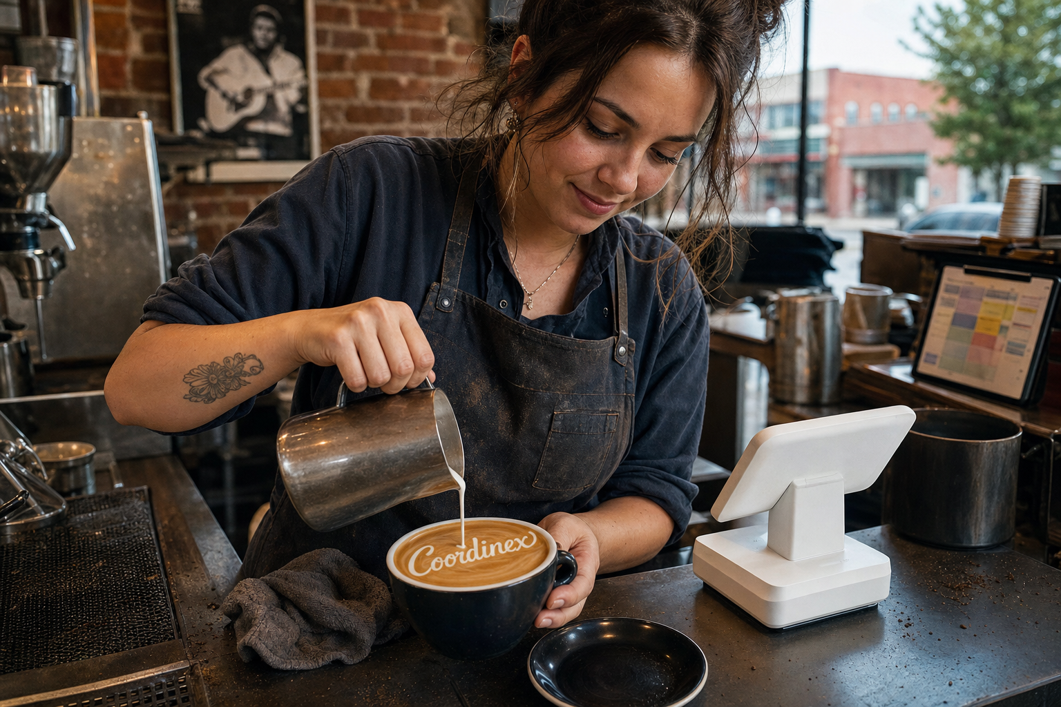 Young adult woman barista pouring milk into latte art spelling Coordinex, with a point-of-sale tablet nearby inside a coffee shop in Tupelo, MS.