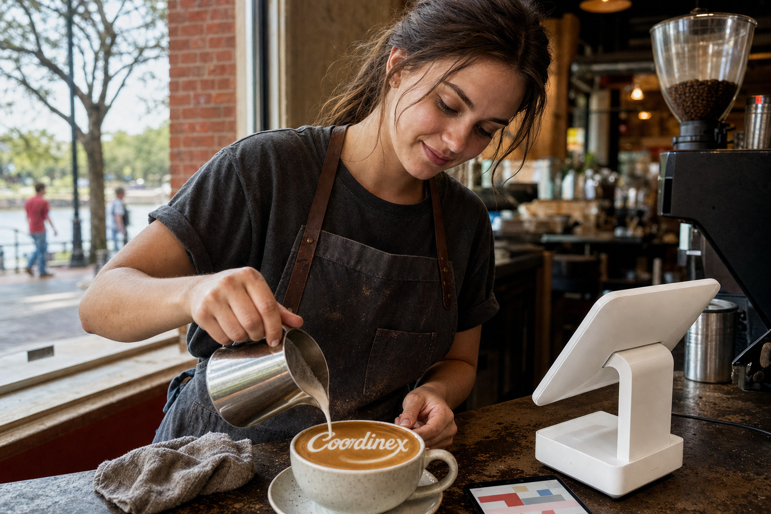 Young adult woman barista pouring milk into latte art spelling Coordinex, with a point-of-sale tablet nearby inside a coffee shop in Tuscaloosa, AL.