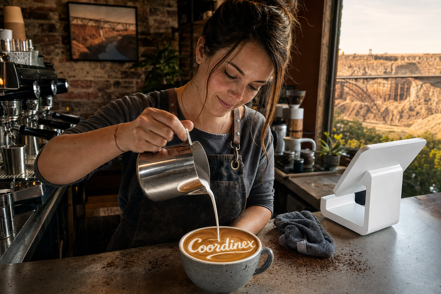 Young adult woman barista pouring milk into latte art spelling Coordinex, with a point-of-sale tablet nearby inside a coffee shop in Twin Falls, ID.