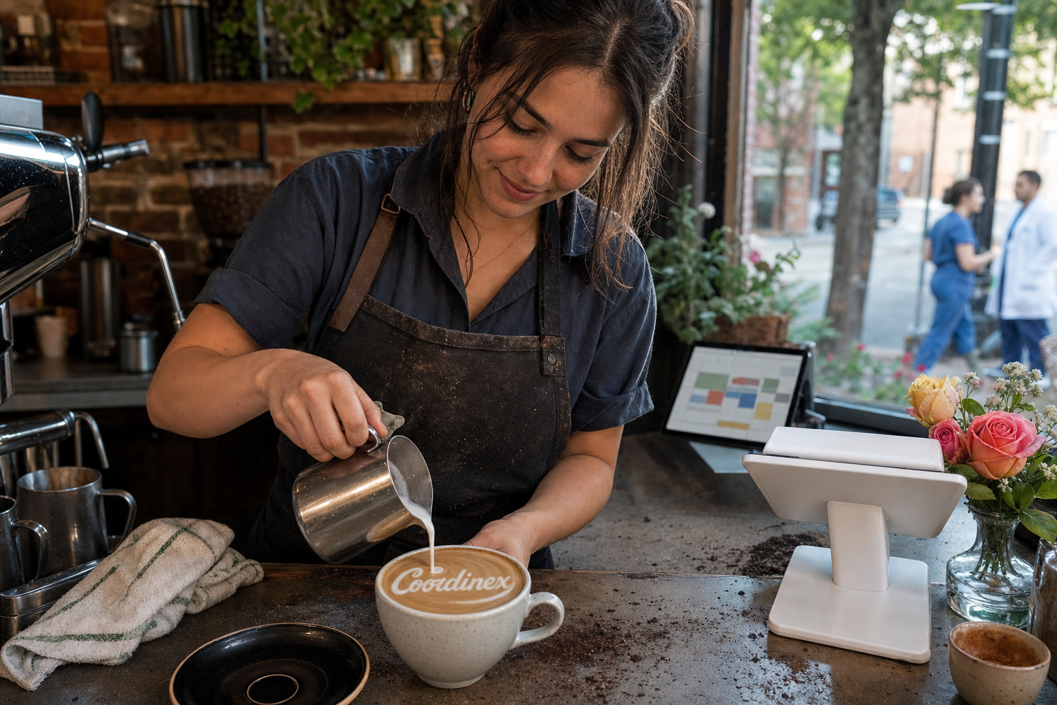 Young adult woman barista pouring milk into latte art spelling Coordinex, with a point-of-sale tablet nearby inside a coffee shop in Tyler, TX.