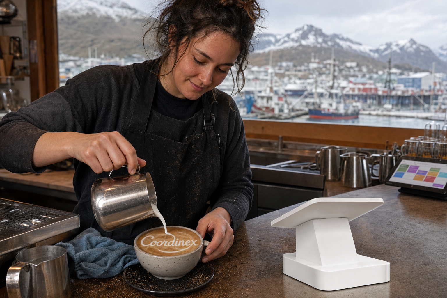 Young adult woman barista pouring milk into latte art spelling Coordinex, with a point-of-sale tablet nearby inside a coffee shop in Unalaska, AK.