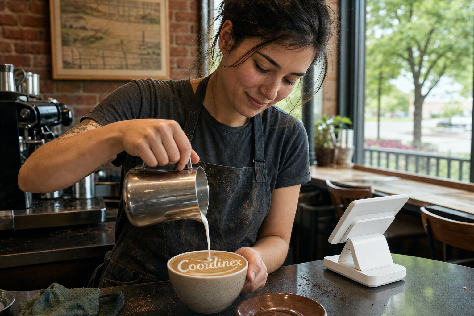 Young adult woman barista pouring milk into latte art spelling Coordinex, with a point-of-sale tablet nearby inside a coffee shop in Urbandale, IA.