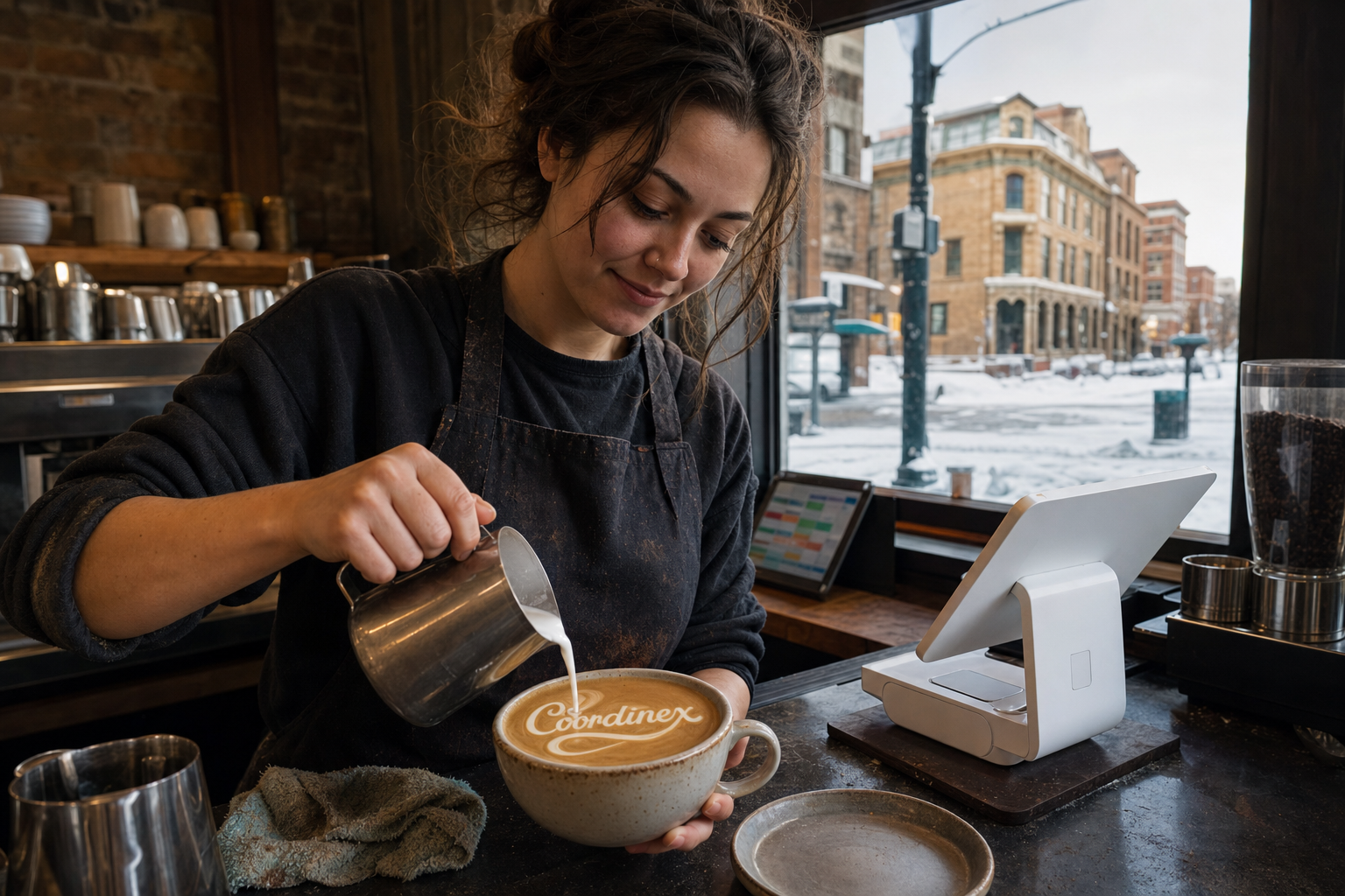 Young adult woman barista pouring milk into latte art spelling Coordinex, with a point-of-sale tablet nearby inside a coffee shop in Utica, NY.