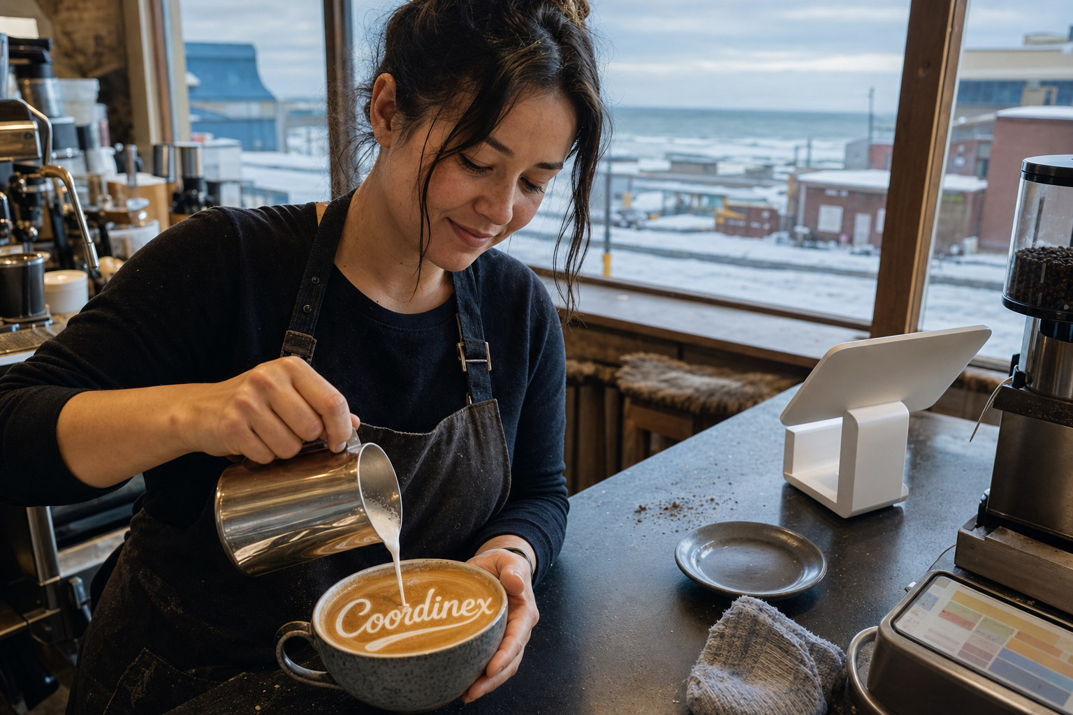 Young adult woman barista pouring milk into latte art spelling Coordinex, with a point-of-sale tablet nearby inside a coffee shop in Utqiagvik, AK.