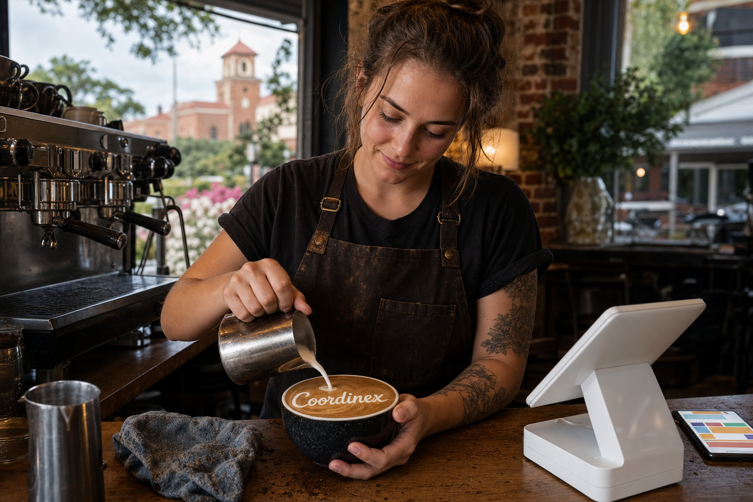 Young adult woman barista pouring milk into latte art spelling Coordinex, with a point-of-sale tablet nearby inside a coffee shop in Valdosta, GA.