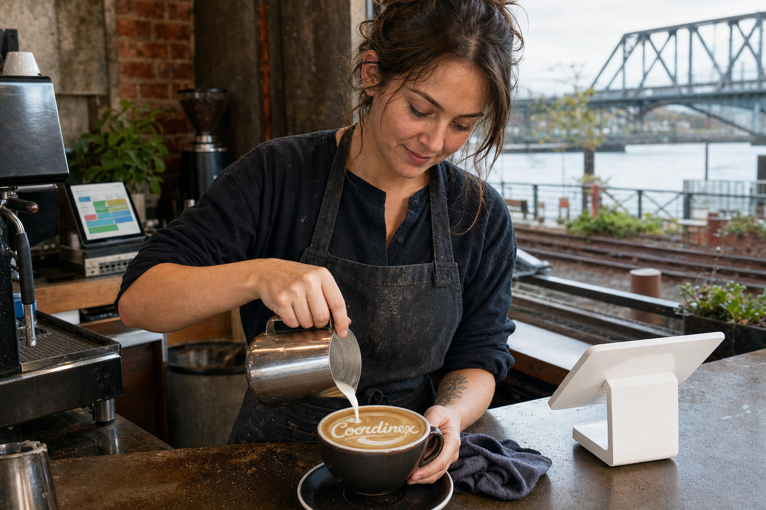 Young adult woman barista pouring milk into latte art spelling Coordinex, with a point-of-sale tablet nearby inside a coffee shop in Vancouver, WA.