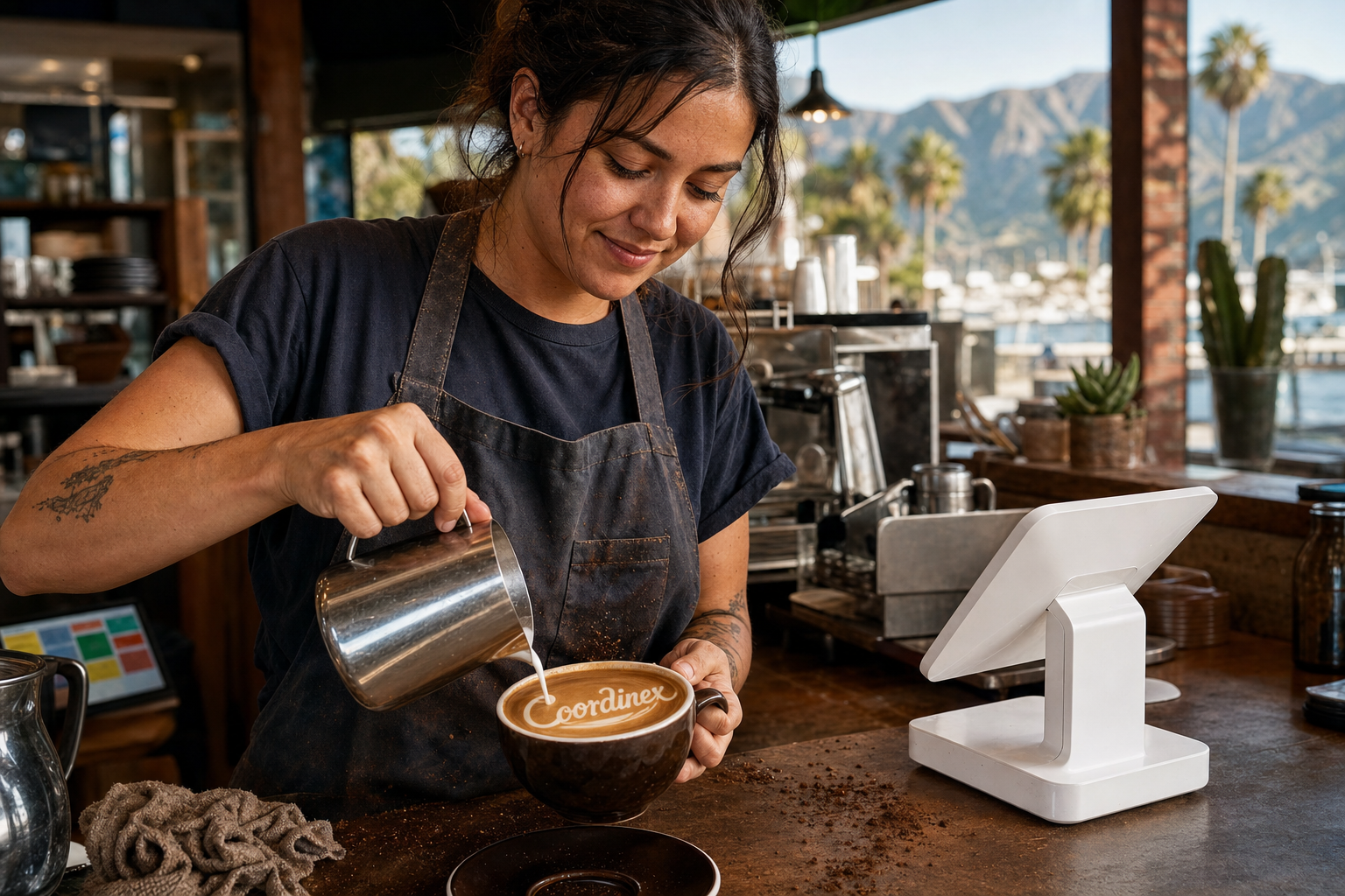 Young adult woman barista pouring milk into latte art spelling Coordinex, with a point-of-sale tablet nearby inside a coffee shop in Ventura, CA.