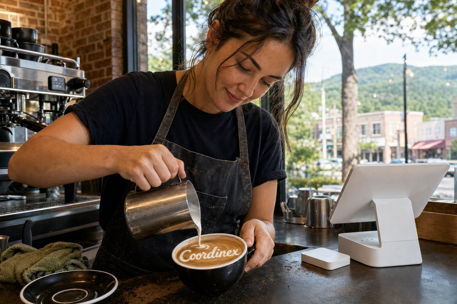 Young adult woman barista pouring milk into latte art spelling Coordinex, with a point-of-sale tablet nearby inside a coffee shop in Vestavia Hills, AL.