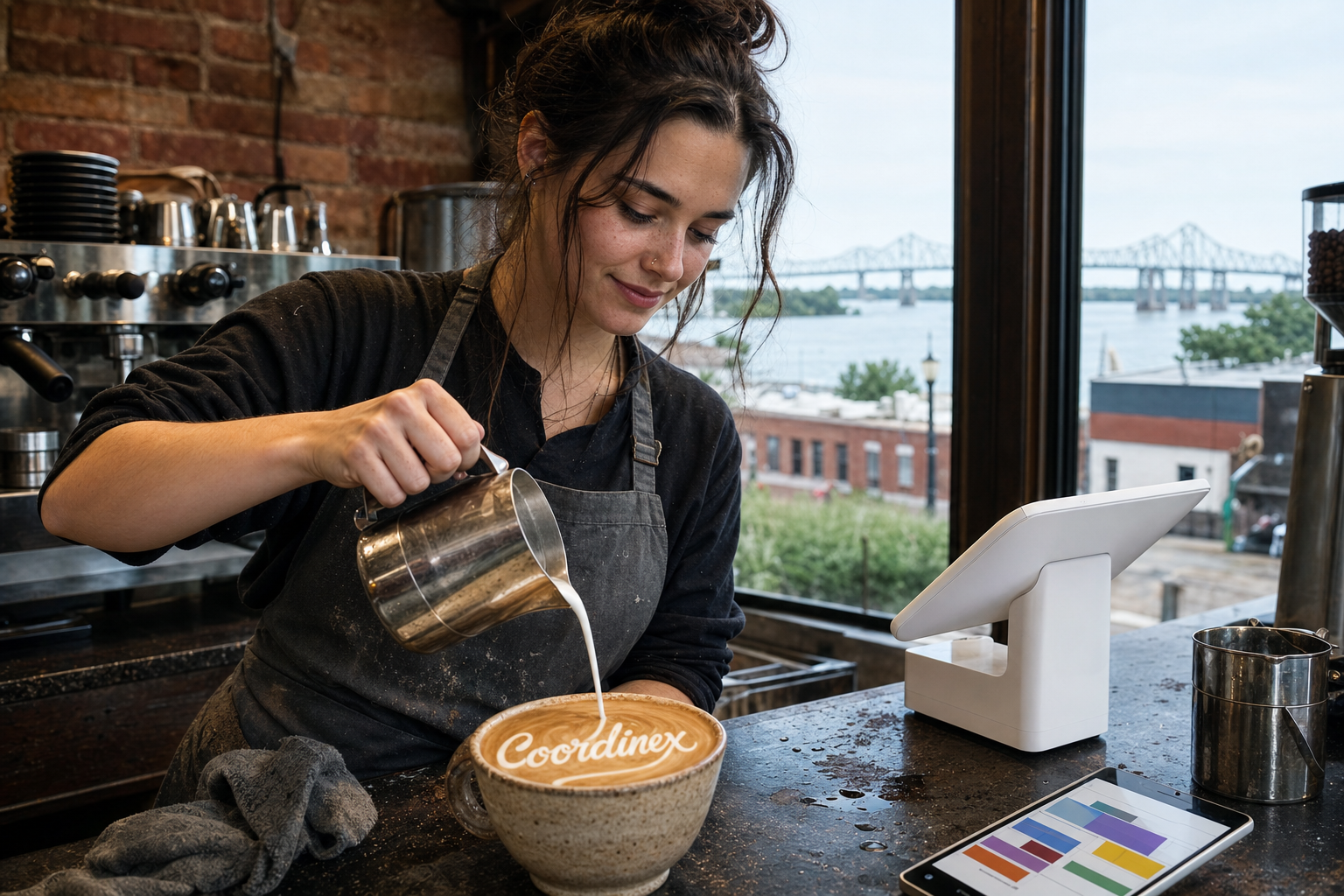 Young adult woman barista pouring milk into latte art spelling Coordinex, with a point-of-sale tablet nearby inside a coffee shop in Vicksburg, MS.