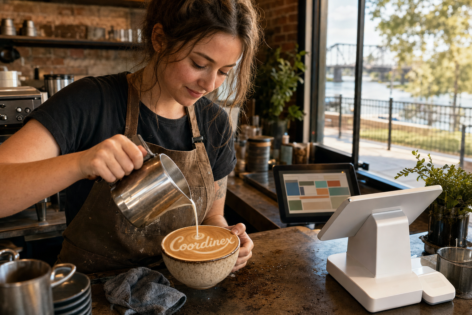Young adult woman barista pouring milk into latte art spelling Coordinex, with a point-of-sale tablet nearby inside a coffee shop in Waco, TX.